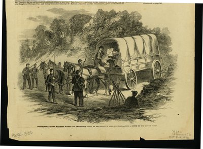 Gravure de soldats devant un chariot attelé à quatre chevaux - Unknown